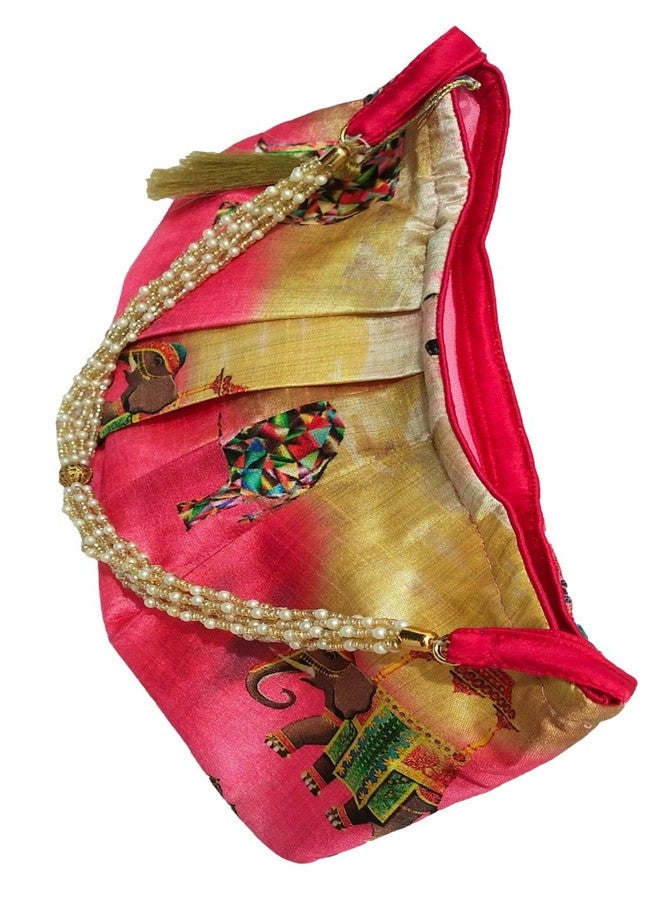 athizay Potli bags wooden handle tassel hanging Solid | Plain | Printed Fabric | Cotton | Polycotton | Jute | jacquard hand carry wristlets pouch bags for women (Multicolor, Elephant Print) - Image 5
